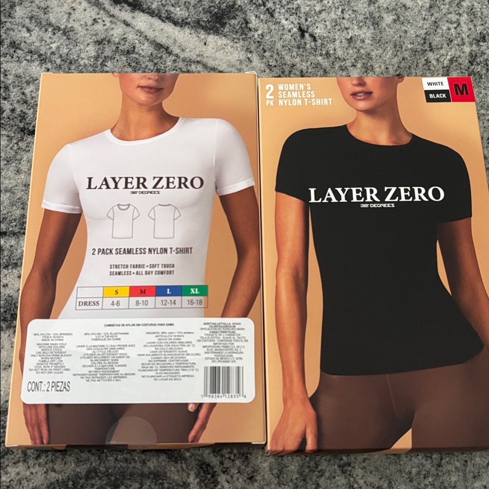 2 pk Layer Zero Women's Seamless Nylon T-Shirt - Black&WHITE NEW IN BOX